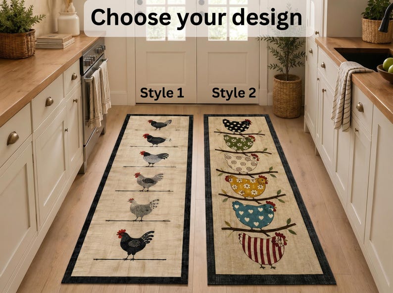 Pu&ograve; includere: Due tappeti da cucina rettangolari con sfondo beige e bordi scuri. Il tappeto a sinistra presenta sei galline su linee individuali. Il tappeto a destra mostra sei galline appollaiate su rami con vari motivi. Il testo recita Choose your design.