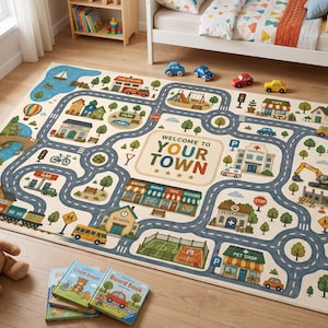 Personalized Town Road Play Rug | Kids Car Track Mat, Nursery Decor