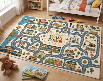 Personalized Town Road Play Rug | Kids Car Track Mat, Nursery Decor