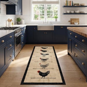 Pu&ograve; includere: Un lungo tappeto da cucina rettangolare con sfondo beige e bordo nero. Il tappeto presenta una serie di sei polli illustrati in varie tonalit&agrave; di grigio, bianco e nero, ognuno appollaiato su una sottile linea orizzontale di colore nero.