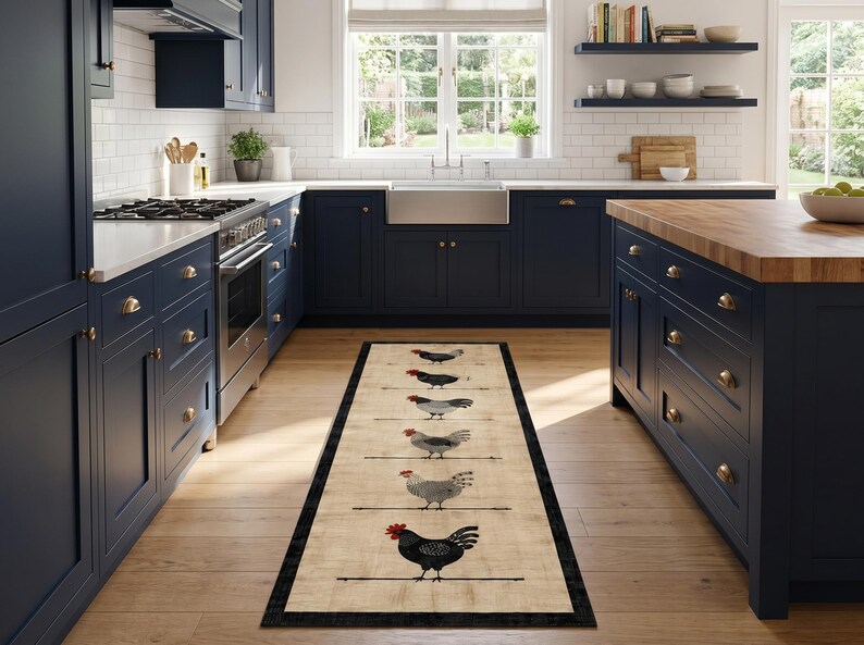 Pu&ograve; includere: Un lungo tappeto da cucina rettangolare con sfondo beige e bordo nero. Il tappeto presenta una serie di sei polli illustrati in varie tonalit&agrave; di grigio, bianco e nero, ognuno appollaiato su una sottile linea orizzontale di colore nero.