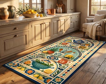 Può includere: Un tappeto da cucina rettangolare con bordo blu e centro color crema. Il tappeto presenta illustrazioni colorate di oggetti da cucina come teiere, ciotole e limoni. Il tappeto è posto su un pavimento in legno in una cucina.