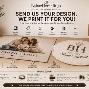 May include: A rectangular rug featuring a printed family photograph and the text THE SMITH FAMILY, alongside a circular rug displaying the text BH EST. 2023 BaharHomeRugs. The image includes instructional text detailing a custom rug printing service.