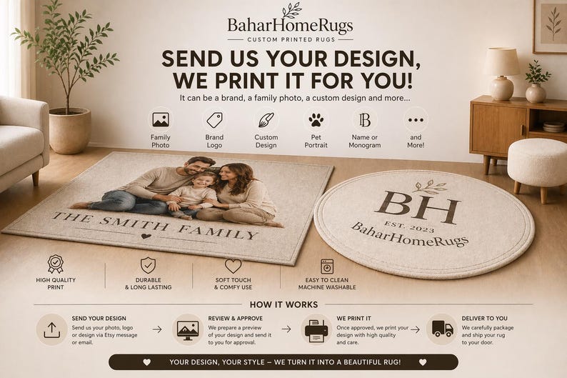 May include: A rectangular rug featuring a printed family photograph and the text THE SMITH FAMILY, alongside a circular rug displaying the text BH EST. 2023 BaharHomeRugs. The image includes instructional text detailing a custom rug printing service.