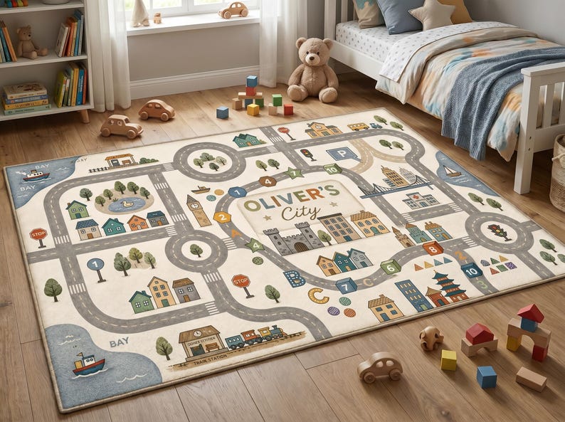 May include: A rectangular area rug featuring a printed city map with roads, buildings, trees, a train, and a boat. The center of the rug displays the text "OLIVER'S City" surrounded by numbered and lettered paths in shades of blue, green, and tan.