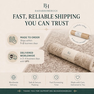 May include: A rolled area rug featuring a beige and cream floral pattern with a white paper band labeled BAHARHOMERUGS. The rug is displayed alongside icons representing shipping, processing, and delivery services with text including FAST, RELIABLE SHIPPING.