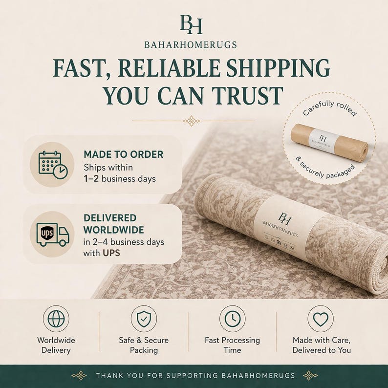 May include: A rolled area rug featuring a beige and cream floral pattern with a white paper band labeled BAHARHOMERUGS. The rug is displayed alongside icons representing shipping, processing, and delivery services with text including FAST, RELIABLE SHIPPING.