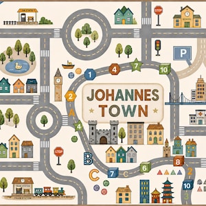 May include: A rectangular play mat featuring a colorful illustrated town map titled JOHANNES TOWN. The design includes gray roads, a train station, a school, a hospital, houses, trees, a bridge, and water areas with boats, alongside numbers and letters.