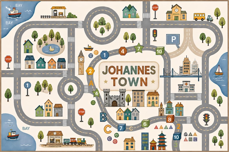 May include: A rectangular play mat featuring a colorful illustrated town map titled JOHANNES TOWN. The design includes gray roads, a train station, a school, a hospital, houses, trees, a bridge, and water areas with boats, alongside numbers and letters.