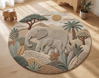 May include: A round area rug featuring a textured, tufted design of an adult elephant and a calf walking through a savanna landscape. The scene includes a sun, clouds, a tree, a palm tree, and various plants in shades of beige, green, and brown.