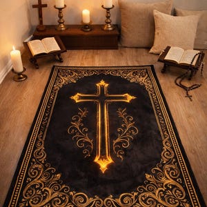 Alfombra de oración con cruz cristiana, decoración islámica floral en tonos burdeos y dorados, alfombra de devoción espiritual.