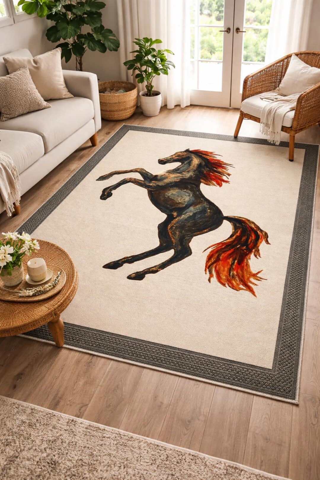 Rust Textured Area Rug Ranch Style Rearing Horse Area Rug, Rustic Western Ranch Decor, Equestrian Art ...