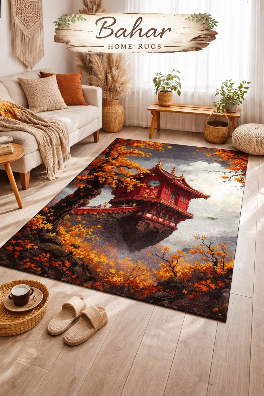 Japanese Temple Rug – Autumn Leaves Landscape, Red Pagoda Art, Zen ...