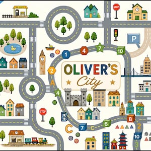 May include: A rectangular play mat featuring a colorful city map with roads, buildings, a train station, a castle, and a bay. The center displays the text 'OLIVER'S City' surrounded by numbered and lettered icons, trees, and traffic signs.