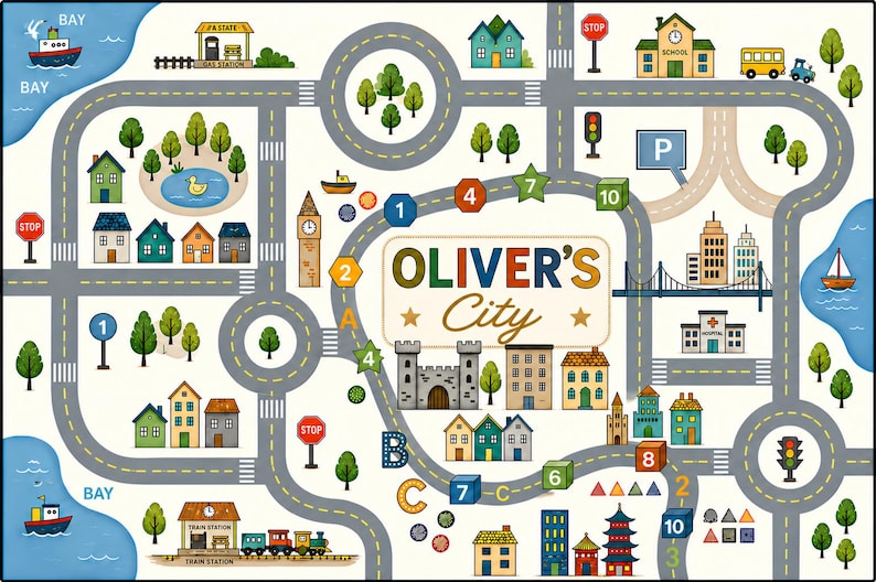 May include: A rectangular play mat featuring a colorful city map with roads, buildings, a train station, a castle, and a bay. The center displays the text 'OLIVER'S City' surrounded by numbered and lettered icons, trees, and traffic signs.