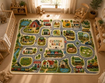 May include: A rectangular area rug featuring a colorful illustrated farm town map with roads, a red barn, a train station, a farmers market, and various animal enclosures. The center of the rug displays the text CUSTOM NAME in bold letters.