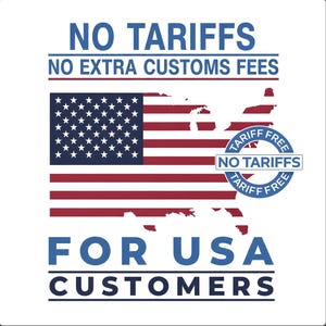 May include: A square graphic featuring the text NO TARIFFS and NO EXTRA CUSTOMS FEES in blue. A red, white, and blue American flag is shaped like the map of the USA. A blue circular stamp reads TARIFF FREE and NO TARIFFS. FOR USA CUSTOMERS is below.
