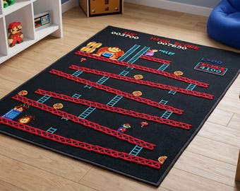 May include: Black rectangular rug featuring a pixelated design inspired by the classic arcade game, Donkey Kong. The rug displays the game's iconic level layout with red girders, ladders, and characters. The rug also includes the game's score and level information.