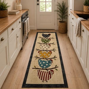 Pu&ograve; includere: Un lungo tappeto rettangolare con sfondo beige e bordo scuro. Il tappeto presenta un design verticale di sei galline stilizzate, ognuna appollaiata su un ramo marrone, decorate con vari motivi tra cui pois, fiori e strisce.