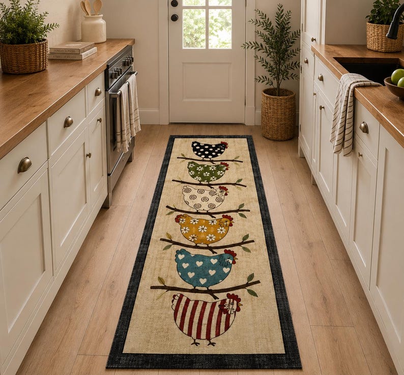 Pu&ograve; includere: Un lungo tappeto rettangolare con sfondo beige e bordo scuro. Il tappeto presenta un design verticale di sei galline stilizzate, ognuna appollaiata su un ramo marrone, decorate con vari motivi tra cui pois, fiori e strisce.