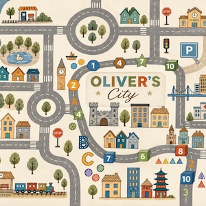 May include: A play mat featuring a city map with roads, a train station, a school, a hospital, a castle, and various houses. The text "OLIVER'S City" is printed in the center. The design includes numbered and lettered shapes, traffic lights, and trees.