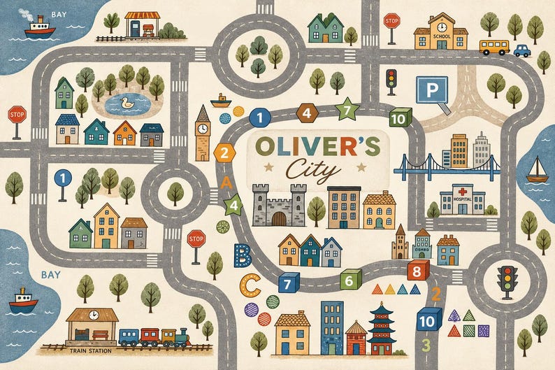 May include: A play mat featuring a city map with roads, a train station, a school, a hospital, a castle, and various houses. The text "OLIVER'S City" is printed in the center. The design includes numbered and lettered shapes, traffic lights, and trees.