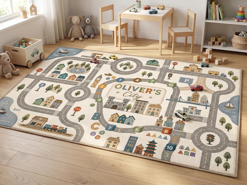 May include: A rectangular area rug featuring a printed city map design with roads, buildings, trees, and the text "OLIVER'S City" in the center. The rug includes illustrations of a castle, houses, a train, and numbered blocks on a light background.