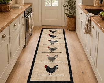 Può includere: Un lungo tappeto da cucina rettangolare con sfondo beige e bordo nero. Il tappeto presenta un motivo ripetuto di sei galline in varie tonalità di grigio, nero e bianco, ciascuna appollaiata su una sottile linea orizzontale nera.