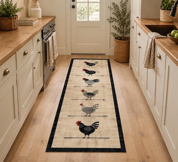 Farmhouse Chicken Runner Rug – Rustic Country Kitchen Carpet – Cottage Hen Floor Mat