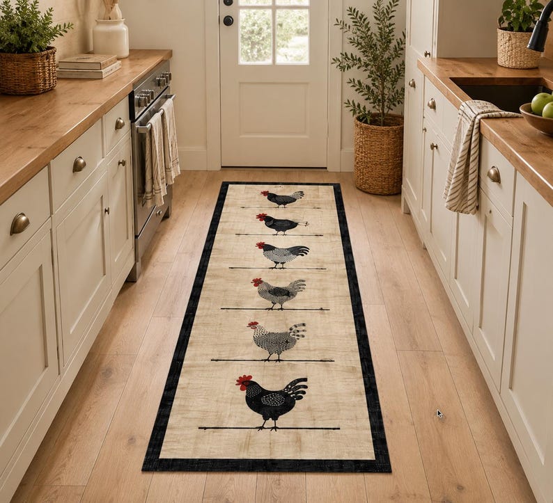 Pu&ograve; includere: Un lungo tappeto da cucina rettangolare con sfondo beige e bordo nero. Il tappeto presenta un motivo ripetuto di sei galline in varie tonalit&agrave; di grigio, nero e bianco, ciascuna appollaiata su una sottile linea orizzontale nera.