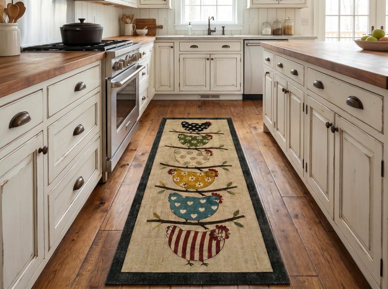 Pu&ograve; includere: Un lungo tappeto rettangolare con sfondo beige e bordo scuro. Il design mostra sei galline stilizzate, ognuna appollaiata su un ramo marrone, decorate con vari motivi tra cui pois, fiori, cuori e strisce.