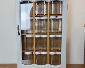 Vintage 1970s Wooden Spice Rack • 20 Glass Jars, Cabinet, Farmhouse Decor