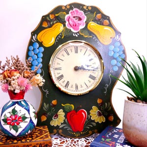 Vintage Tole Handpainted Wood Wall Clock • Folk Art Floral Fruit Kitchen Decor