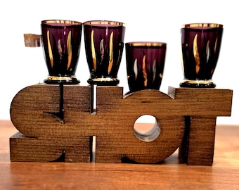 Vintage Amethyst Gold Bohemian Shot Glasses with Wood SHOT Bar Caddy