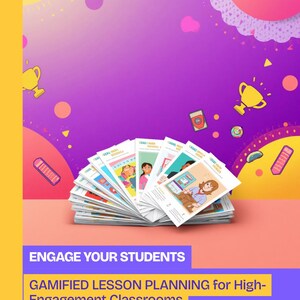 Peut inclure: Un éventail de cartes rectangulaires illustrées de personnages et de texte. Le fond est violet et orange avec des icônes de trophées jaunes. Le texte sur l'image indique : ENGAGE YOUR STUDENTS GAMIFIED LESSON PLANNING for High-Engagement Classrooms.