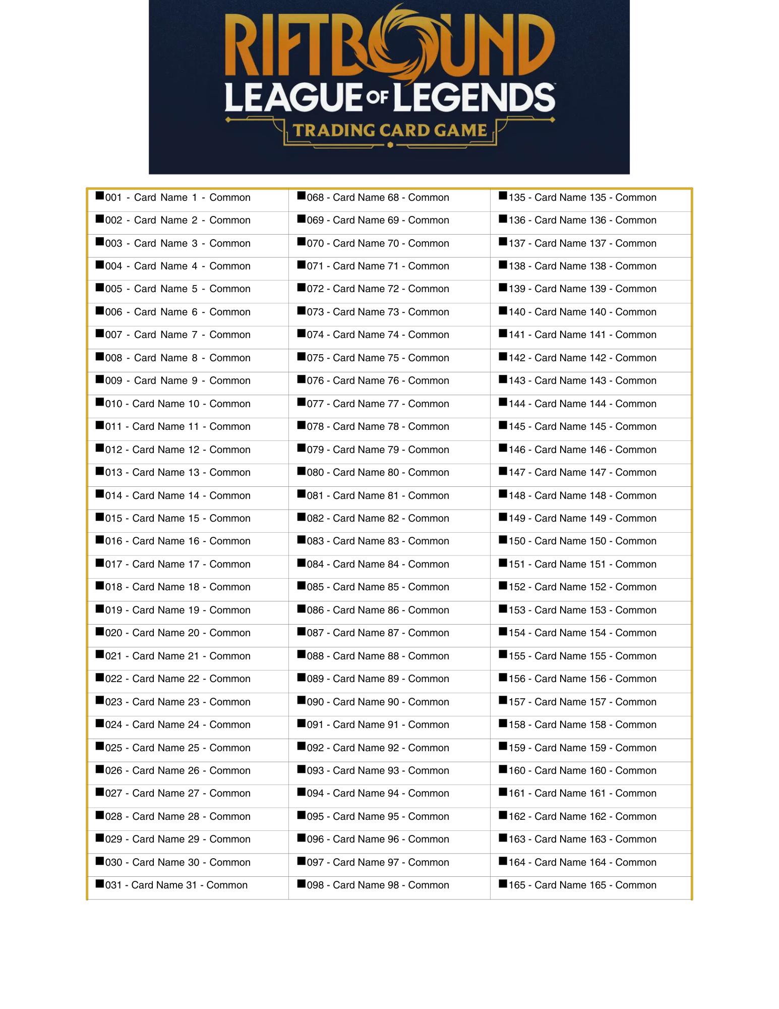 Riftbound TCG All-in-one Collection System | Printable Checklist ...