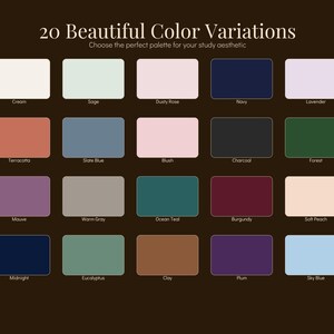 May include: A color chart displaying 20 rectangular swatches with the text 20 Beautiful Color Variations. The colors include cream, sage, dusty rose, navy, lavender, terracotta, slate blue, blush, charcoal, forest, mauve, warm gray, ocean teal, burgundy, soft peach, midnight, eucalyptus, clay, plum, and sky blue.