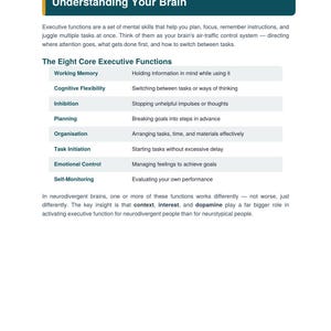 May include: A page titled The Executive Function Toolkit: Neurodivergent Productivity Guide, Chapter 1: Understanding Your Brain. It lists eight core executive functions including working memory, cognitive flexibility, inhibition, planning, organisation, task initiation, emotional control, and self-monitoring with definitions.