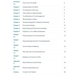 May include: A table of contents page titled The Executive Function Toolkit: Neurodivergent Productivity Guide. It lists an introduction, chapters 1 through 14, appendix A and B, and a closing section with corresponding page numbers from 3 to 20.