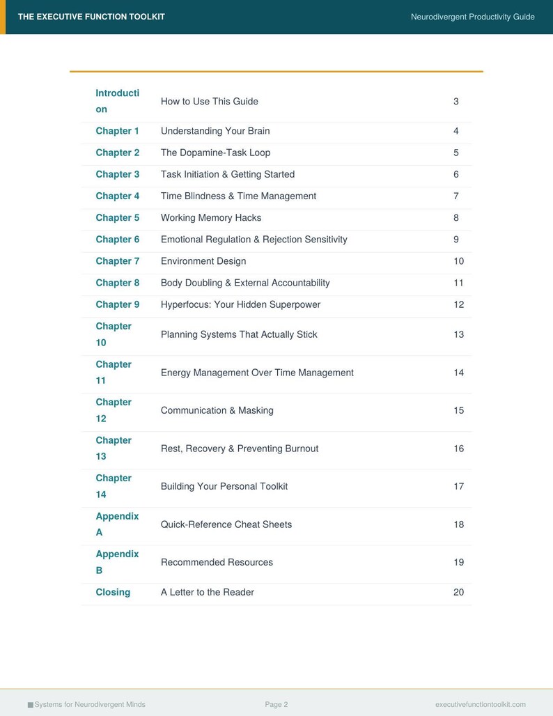 May include: A table of contents page titled The Executive Function Toolkit: Neurodivergent Productivity Guide. It lists an introduction, chapters 1 through 14, appendix A and B, and a closing section with corresponding page numbers from 3 to 20.
