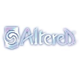 May include: The logo for "Altered" features stylized text in a light blue and purple gradient. The word "Altered" is written in a flowing, artistic font. To the left is a shield-shaped emblem with a swirling design, also in a light blue and purple gradient.