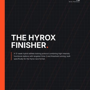 May include: A black digital document titled THE HYROX FINISHER with a grid background and orange accents. It outlines a 12-week hybrid athlete training protocol for the Hyrox race format, featuring 8 functional stations and 8 x 1km run intervals.