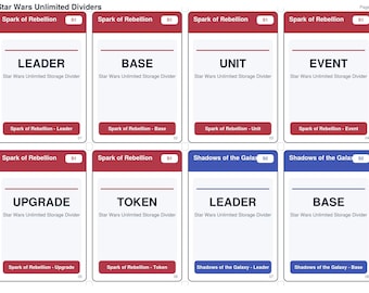 Paquete de separadores de Star Wars Unlimited / Pestañas de almacenamiento imprimibles para TCG / Todos los sets + tipos de cartas / Organizador de cajas de cartas / Descarga instantánea
