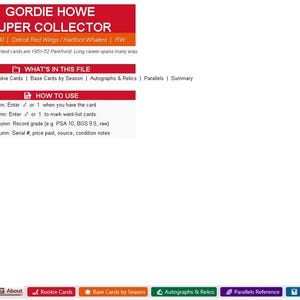 May include: A digital document titled "Gordie Howe Super Collector" with text about hockey cards. The document includes sections on rookie cards, base cards, autographs, and relics. Instructions are provided for using the document.