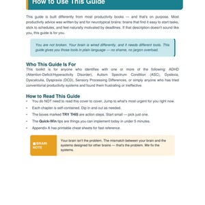 May include: A page from The Executive Function Toolkit titled How to Use This Guide. It includes sections on who the guide is for, including those with ADHD, Autism, Dyslexia, Dyscalculia, and Dyspraxia, and instructions on how to read the guide.