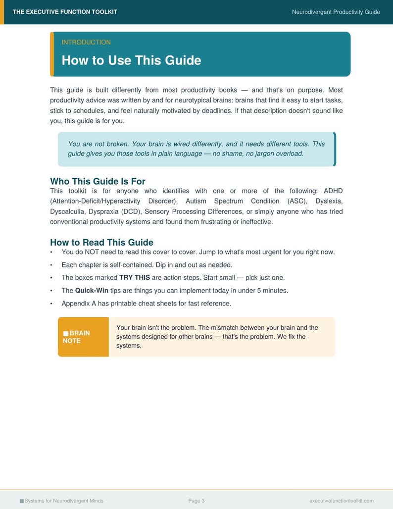 May include: A page from The Executive Function Toolkit titled How to Use This Guide. It includes sections on who the guide is for, including those with ADHD, Autism, Dyslexia, Dyscalculia, and Dyspraxia, and instructions on how to read the guide.