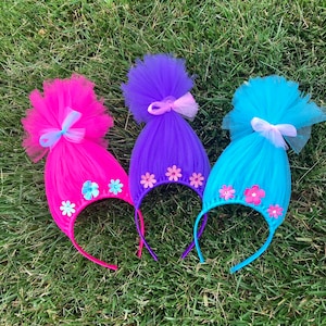 Trolls inspired Hair Headband Headband Poppy Troll Headband Wig Pink Tulle Headband rainbow Troll Hair Troll Wig troll party favors