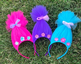 Trolls inspired Hair Headband Headband Poppy Troll Headband Wig Pink Tulle Headband rainbow Troll Hair Troll Wig troll party favors