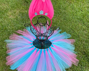 Princess Poppy inspired tutu and Headband Troll Hair Headband Tutu Skirt Poppy costume Tutu Pink Party skirt Trolls troll hair troll wig