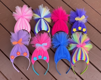 Trolls inspired Hair Headband Headband Poppy Troll Headband Wig Tulle Headband rainbow Troll Hair Troll Wig troll party favors Troll head